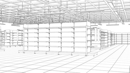 Wall Mural - Contour visualization of supermarket interior with empty shelves. 3d illustration