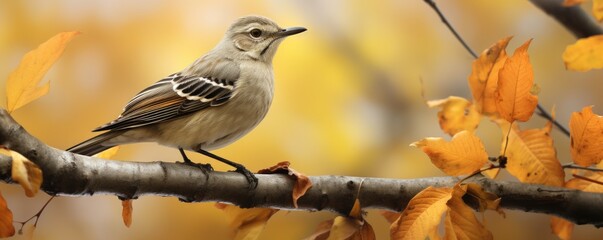 Wall Mural - Beautiful mockingbird chirping among amazing autumn leaves .