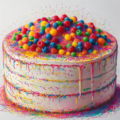 Wall Mural - beautiful delicious cake on a white background. festive dessert for birthday. illustration in pointillism style.