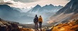 Happy young couple enjoying their time together on the vacation in mountains. They are hiking. Active lifetyle concept
