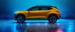 © Mickael - Side View of a modern yellow SUV car Isolated on black background. SUV automobile car concept in studio on orange background. Generative ai