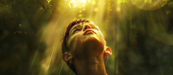 Wall Mural - Touched by His Grace. Christian concept. Handsome young black man looking up with tears in his eyes. 