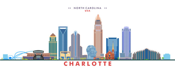 Wall Mural - Charlotte city landmarks and monuments colorful vector illustration. US state of North Carolina.	