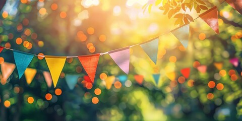 Wall Mural - festive ribbon triangular flags on a blurred, unfocused background