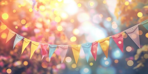 Wall Mural - festive ribbon triangular flags on a blurred, unfocused background