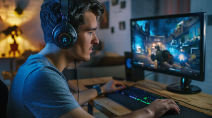 A young gamer with headphones is intensely focused on a computer screen at night.