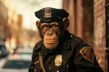 Wall Mural - a monkey wearing a uniform and a badge, patrolling the streets and enforcing the law