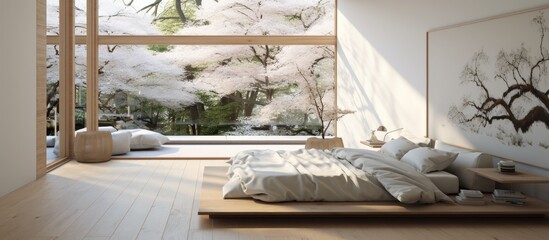 Japanese minimalist style bedroom with modern white wall and wooden floor.