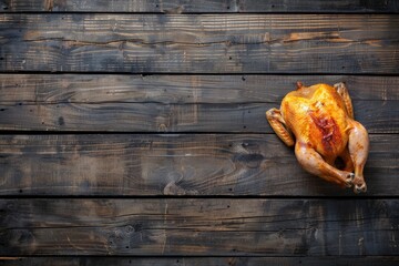 Wall Mural - Perfectly Cooked Whole Chicken on Dark Wooden Surface