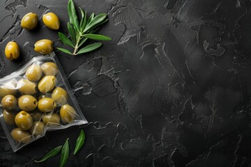 Wall Mural - Vacuum-Packed Green Olives with Fresh Rosemary on Dark Background