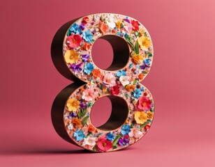 Poster - multicolored figure eight composed of bright colors on a pink background, The concept of congratulations on International Women's Day, Birthday, anniversary