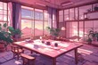 a beautiful japanese room at sunset anime cartoonish artstyle. cozy lofi asian architecture, aesthetic wallpaper for mobile phone, pink, green and purple pastel colors, window, table