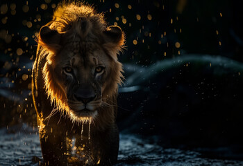 Wall Mural - young lion in the water with copy space