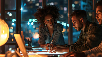 Wall Mural - Team engaging in conversation with each other during meeting, with the backdrop of a city at night visible through windows.