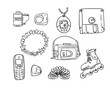 Ink outline drawings of vintage items from 90s. Vector hand drawn outline sketchy drawings isolated on white background. Retro concept. Ideal for coloring pages, tattoo, pattern