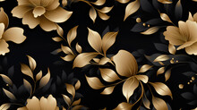 An Exquisite Pattern Of Stylized Golden Flowers And Leaves On A Black Background. Metallic Sheen, Elegant Curves, A Luxurious And Sophisticated Design. Gen AI