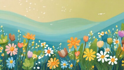 children s book flat lay illustration with a blooming flowers field spring meadow with wildflowers panoramic flat banner with summer nature landscape with copy space concept design for kids room