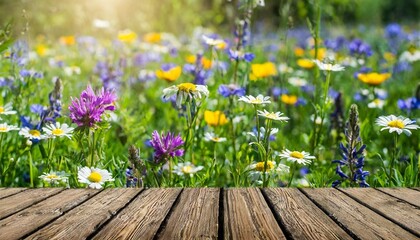 Wall Mural - wildflowers and wooden table background created with technology