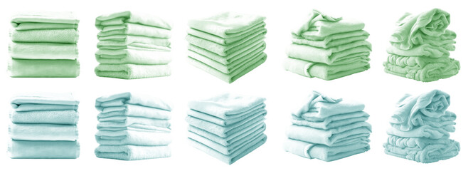 Wall Mural -  2 Set of pile stack heap of folded crumpled pastel green turquoise blue bath towel rug on transparent background cutout, PNG file. Mockup template for artwork graphic design