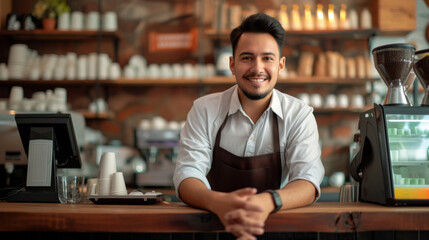 Sticker - cheerful young man wearing a brown apron stands behind the counter of a cozy coffee shop.