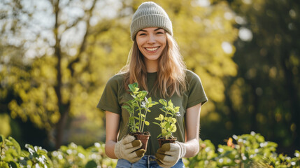 Canvas Print - young woman with a beanie, smiling and holding two small potted plants