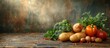 Farm vegetables on a vintage woody background - autumn harvest. Copying the space. Panoramic banner