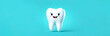 Banner with cute cartoon tooth character on a blue background. Minimalistic design for advertising a dental clinic, orthodontist's business cards.