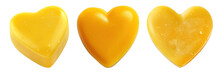 Set Of Yellow Soap In The Shape Of A Heart, Isolated On A White Or Transparent Background. Yellow Handmade Soap Close-up As A Graphic Design Element, On The Theme Of Valentine's Day.