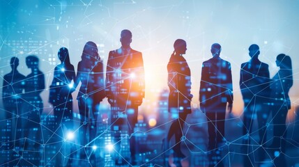 Poster - silhouettes of professionals connected by a network, business concept