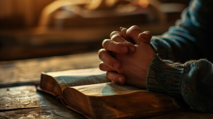 Wall Mural - Person's hands folded in prayer over an open, well-worn bible, resting on a wooden table