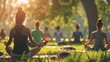 Outdoor Yoga Session in Park at Sunset with Group of People