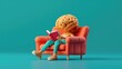 © GulArt - Closeup human brain character reading a book while sitting on the armchair on isolated blue background