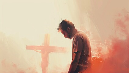 Poster - Man praying in front of a cross.