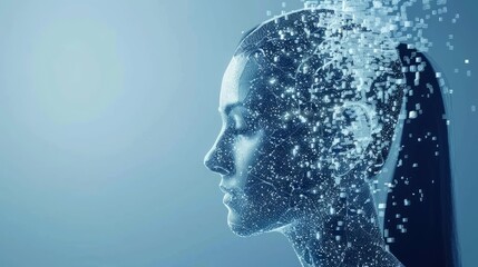 Poster - Digital human profile disintegrating into data pixels on blue backdrop