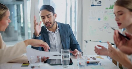 Poster - Business people, meeting and leader with stress, team and negative feedback with mistake and problem with report. Group, frustrated and staff with paperwork issue and crisis with headache and fatigue