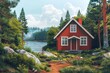 Swedish red house in pine forest.