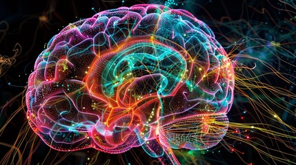 Poster - Vibrant brain-shaped network with neural connections in myriad colors