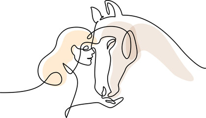 Sticker - Horse and woman heads logo. Continuous one line drawing.
