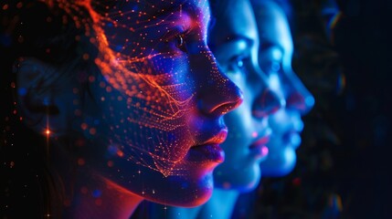 Poster - holographic faces in profile, neon digital art projection