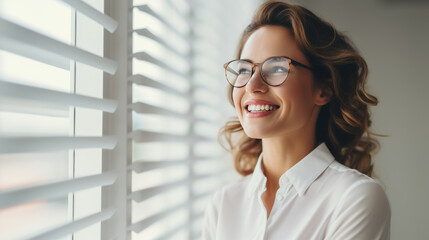 Poster - Cheerful businesswoman smiling against office background