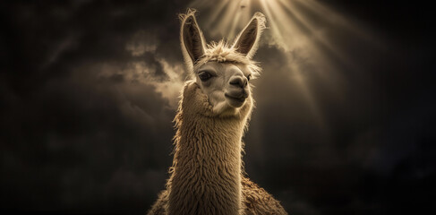 Wall Mural - portrait of a llama over a dark stormy background with copy space