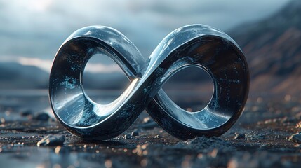 black metal infinity sign amidst a gloomy landscape, bluer