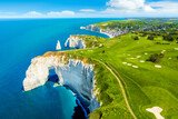 Fototapeta Góry - Aerial view of the beautiful cliffs of Etretat. Normandy, France, La Manche or English Channel