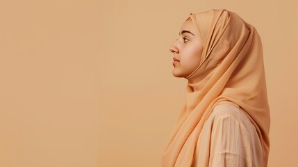 portrait of a young Muslim woman in profile in hijab, copy space