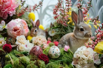 Wall Mural - Two baby rabbits are sitting in a garden with flowers and eggs