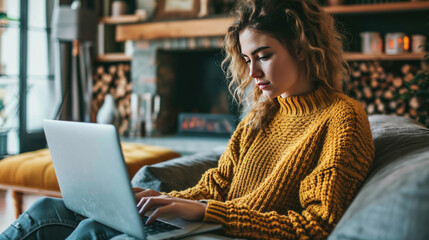 Sticker - Young woman is focused on working on her laptop in a modern office