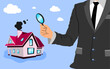 businessman hold Magnifying glass to see House details. Real estate appraisal, home inspection, 3d house, assessment of real estate vector illustration.