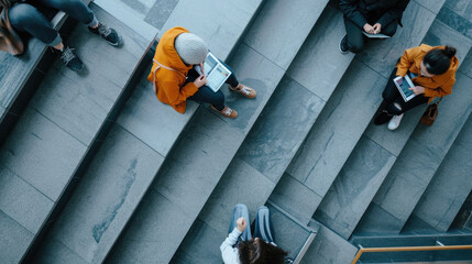 Sticker - Aerial view of five young people sitting on steps, each engaged with their own digital devices or books.