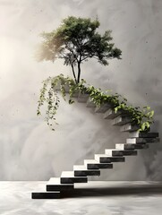 Growing Business Tree on Stairs in Futuristic Concrete Art Style, To represent the idea of growth, innovation, and progress in a business context,