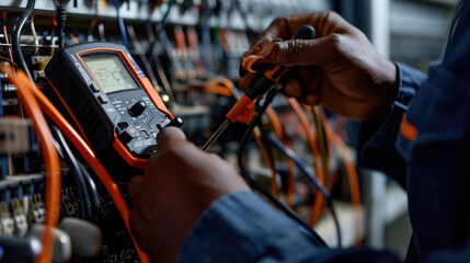 Wall Mural - A technician in professional attire is carefully using a digital multimeter to check or troubleshoot an electrical panel